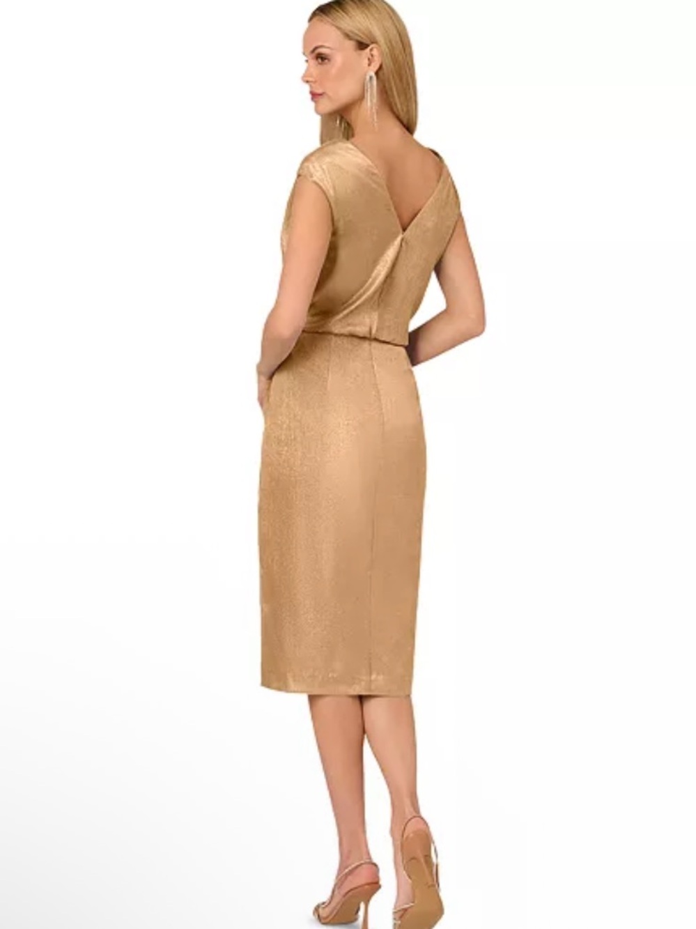 Adrianna Papell Gold Foil Draped Midi Cocktail Dress Size 4 NEW - Picture 4 of 12